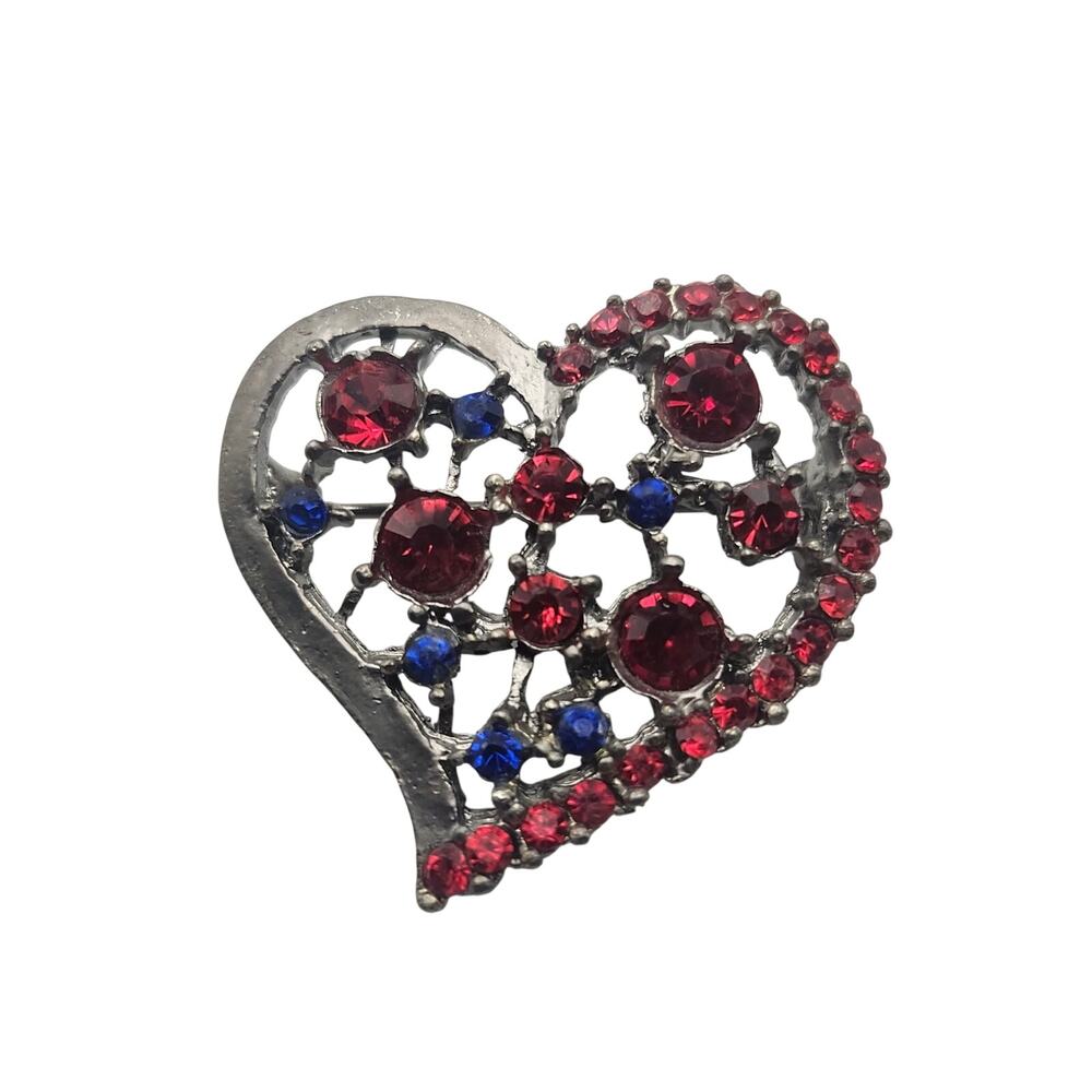 Vintage Rhinestone Heart Brooch Red Blue Silver Tone Openwork Pin 1.5"